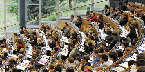 Studierende sitzen in einer Vorlesung im Hörsaal. 